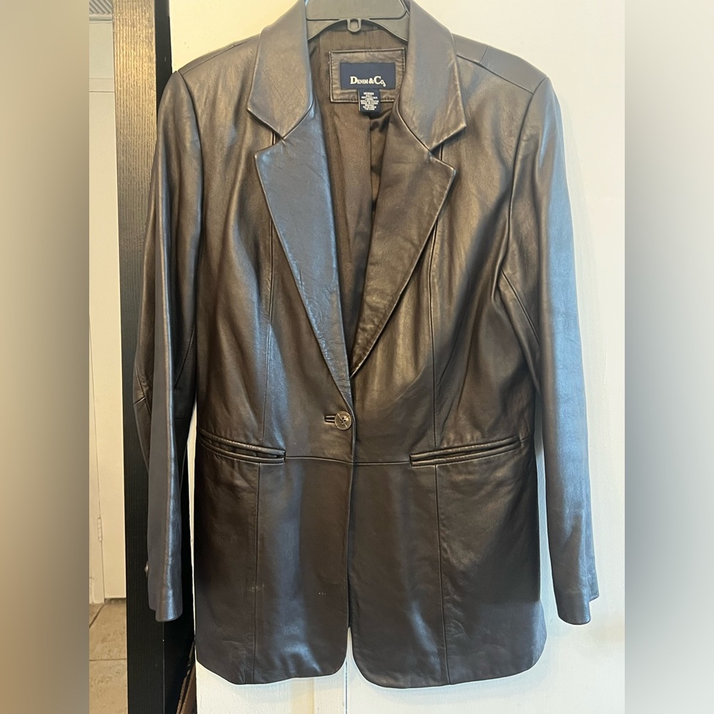 Denim & Co Women’s Medium Dark Brown 100% Leather Blazer Jacket Excellent